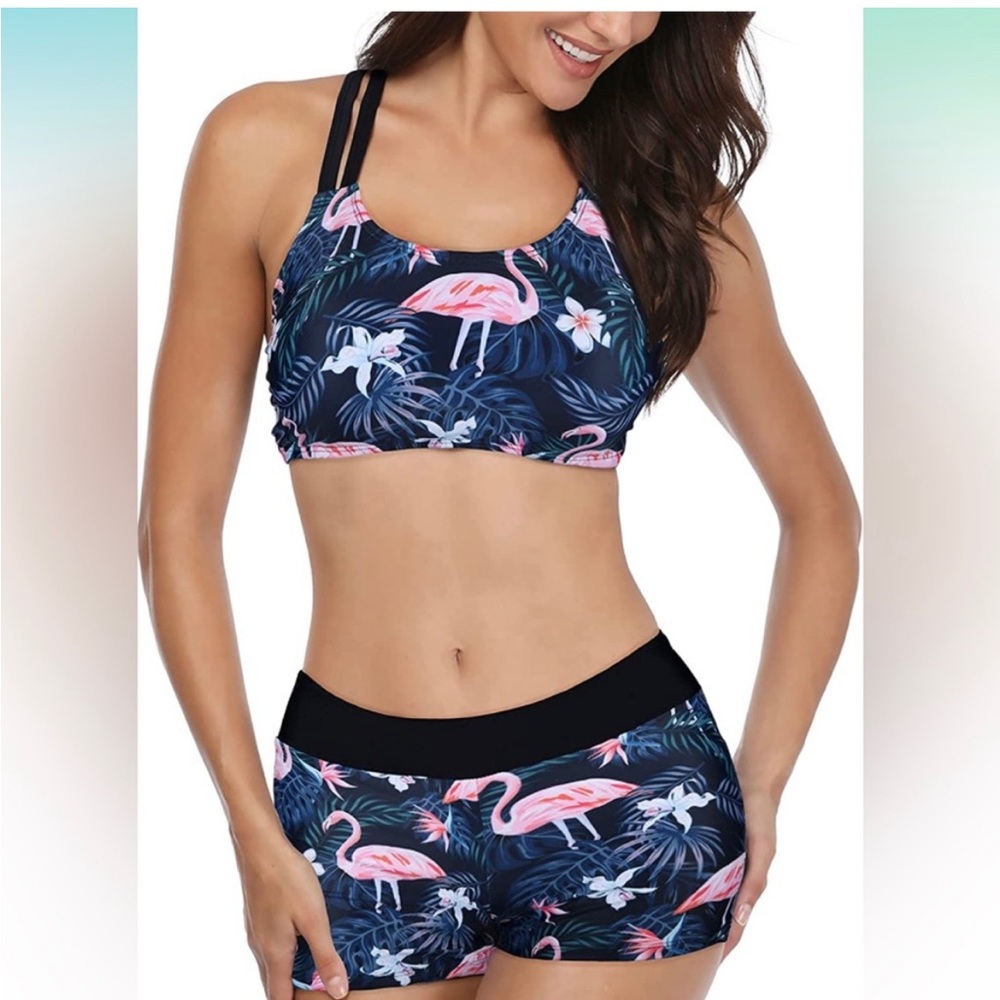New Yonique Tankini Swimsuits 3 Piece Bathing Suits Swim Flamingo Print Size 24W - Picture 1 of 15